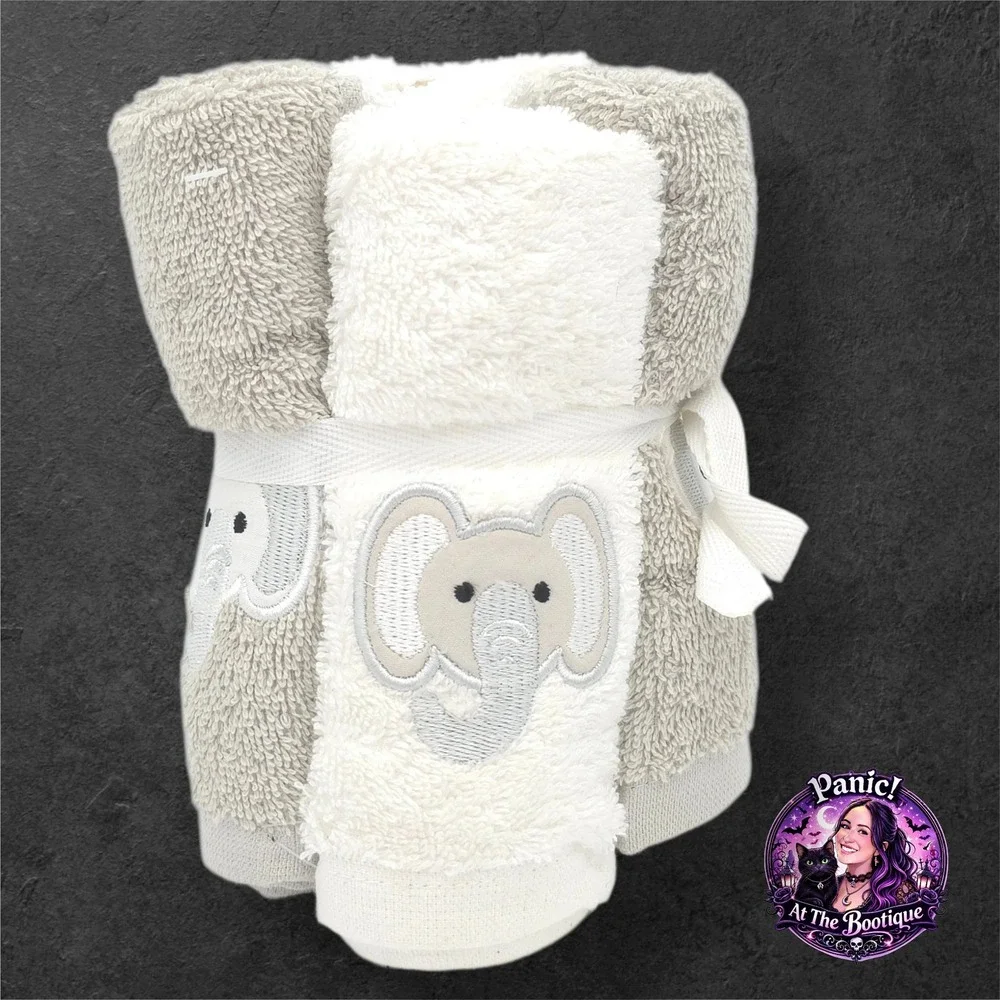Elephant Washcloth 6Pk Cotton Grey White Embroidered Bath Set Plush Towel New